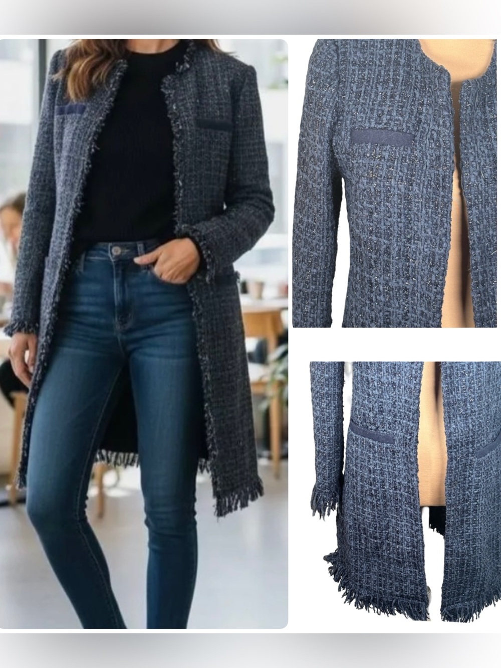 Vertigo Paris Beautiful Blue Tweed Coat w/Fringe Size Small